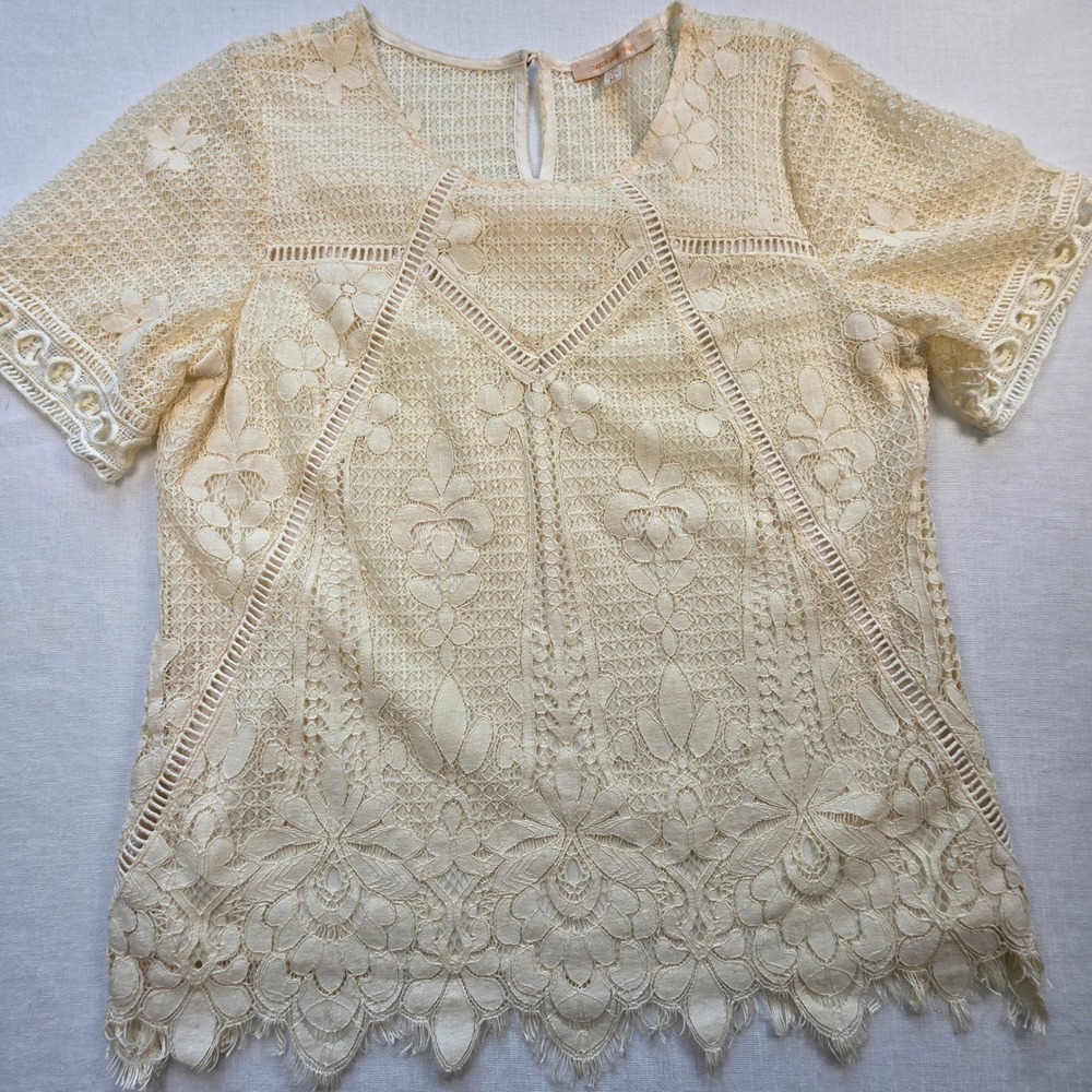 boho cottagecore Lace top Women Size M Cream Floral Scalloped  romantic fairy - Picture 7 of 10